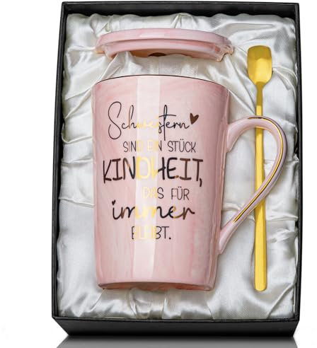 Biching Schwester Geschenk - Beste Schwester Tasse - Kreativität Geschenke für Schwester Geburtstag, 400 ml Rosa Marmor Kaffeetasse mit Goldener Druckgrafik, Goldlöffel, Grußkarte, Geschenkset