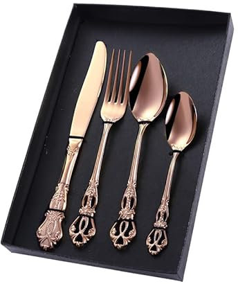 Service de couverts en acier inoxydable 18/10, 24 pièces rétro en relief or rose pour 6 personnes, service de table de cuisine pour la maison et le restaurant, ensemble de couteaux, cuillères et four