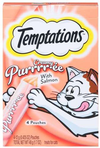 Temptations Creamy Puree Squeezable Lickable Cat Treats, Wet Cat Treats with Salmon, 0.42 oz. Tubes, 4 Count