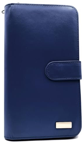 Charmoni - Porte chéquier Talon en Haut - Portefeuille Blocage Anti RFID - Porte Carte Monnaie - Tout en Un - Cuir Vachette - Femme Homme (Bleu)