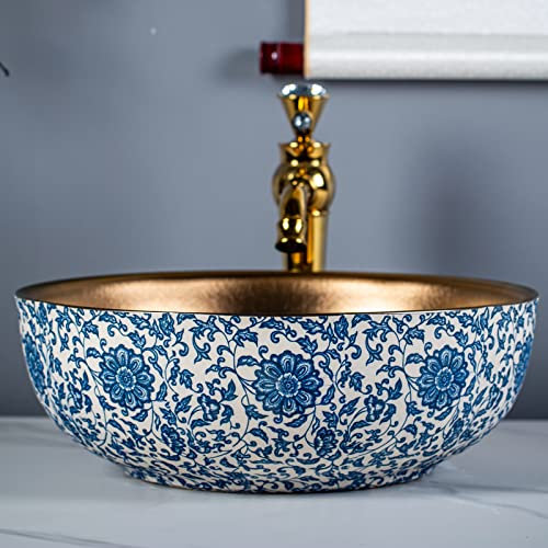 1 ensemble complet vasque de luxe bleu blanc type céramique lavabo à poser avec robinet doré et bonde pop-up pour salle de bain et ferme, diamètre : 41 cm