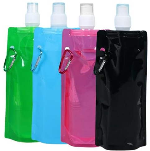 YUEYEHONGDYAIP Foldable Sports Bottle 4pcs Foldable Water Bottle 480mL Reusable Drink Bag for Outdoor Sports Cycling Camping Hiking Travel Foldable Drinking Bottle (Black Sky Blue Rose red Green)