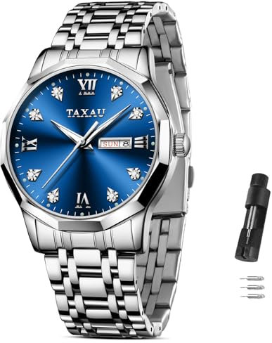 Taxau Uhr Blau Herren Edelstahl Wasserdicht Herren Armbanduhr Diamant Blau Zifferblatt Business Herrenarmbanduhr Classic Uhr für Manner mit Datum