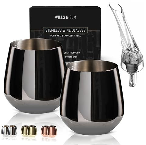 Black Wine Glasses - Stemless Stainless Steel Wine Glasses Set of 2 with Aerator - Unbreakable Metal Glass for Outdoor, Travel, Camping, Pool - 18oz