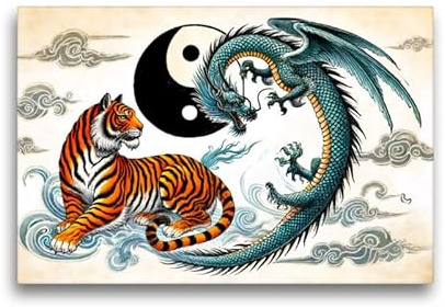 CALVENDO Premium Textil-Leinwand 45 x 30 cm Querformat Yin und Yang - Tiger und Drache im asiatischen Malstil | Wandbild, HD-Bild auf Keilrahmen, Wanddekoration, Kunstdruck von Anja Frost