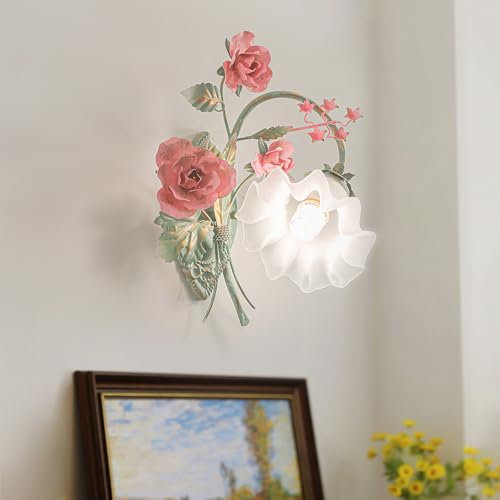 meibeileil Applique Murale IntéRieure RéTro,Applique Murale En MéTal En Forme De Fleur Et D'Herbe Abat Jour En Verre,E27 Chambre Couloir AlléE Escalier DéCoratif Lampe Murale 40 * 40Cm Gauche