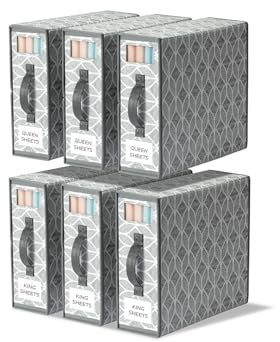 LAMU 6 Pack Bed Sheet Organiser and Storage, Bedding Storage for Linen Closet, Foldable Sheet Set Organiser Boxes with Clear Window and Label (Queen & King Size), Bedding Storage Box