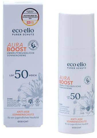 eco elio LSF 50 nachhaltige Sonnencreme 50ml Aura Boost I Sonnencreme ohne Octocrylene und Mikroplastik I Sunscreen Face Sonnencreme Gesicht 50 I Sonnencreme Reisegröße klein