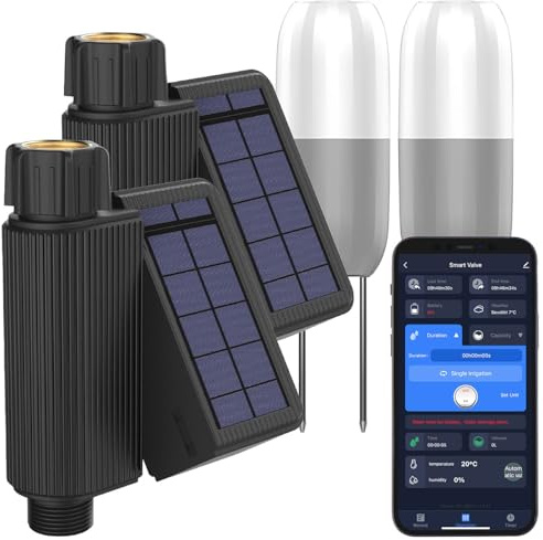 Royal Gardineer Solarbewässerungssystem: 2er-Set WLAN-Bewässerungscomputer, Solarpanel, App, 2X Bodensensor (Automatische Gartenbewässerung, Garten Bewässerungssteuerung, Akkus)