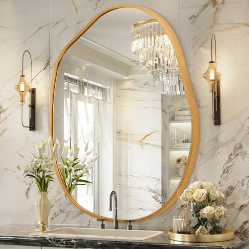 HLFMVWE Espejo de pared irregular dorado con marco de aleación de aluminio, espejos de baño asimétricos de metal cepillado, espejo de pared para sala de estar, dormitorio, decoración del hogar, grande