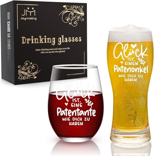 Joymaking Weinglas & Bierglas Set mit Gravur, Patentante Geschenk, Patenonkel Geschenk, Geschenke für Pateneltern zum Muttertag Vatertag Geburtstag 500ml