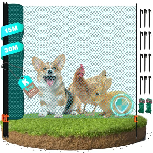 Mobiler Hühnerzaun, 15m 20m 30m 50mx 90cm Begrenzungszaun Geflügelzaun mit Engmaschiges Netz Barrier Fence Plug-In Fence Katzenzaun Gartenzaun für Hof Camping Haus, Grün (15M)
