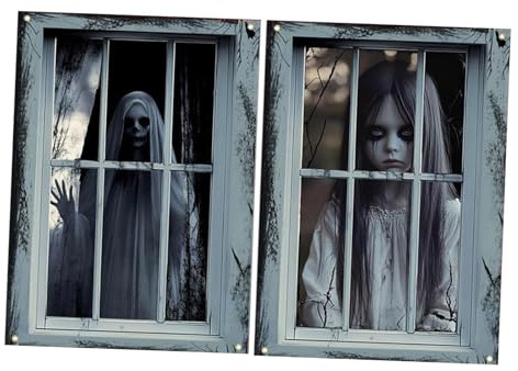 F Fityle Lot de 2 Décorations de Fenêtre Effrayante d'halloween avec Corde 10m, Tenture Horreur Polyester, Rideau d'affiche de Fenêtre d'halloween pour Salon et Chambre, Fantôme Féminin
