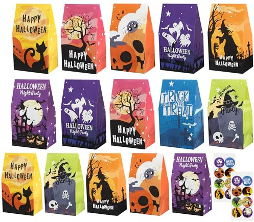 YORFULL Halloween Geschenktüten, 16 Stück Süßigkeiten Papiertüten, Kleine Süßigkeiten Papiertüten mit Aufklebern, Geschenk Süßigkeitentüten für Halloween Trick or Treat