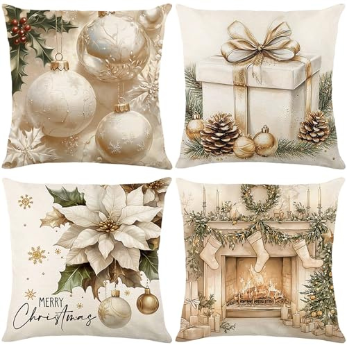 Trlyane Cuscini Natalizi per Divano 4 Pezzi Federe Cuscini Divano 45x45cm Federe Cuscini Natalizi Cotone e Lino Biancheria Cuscini per Divano per Natale Decorazioni Casa