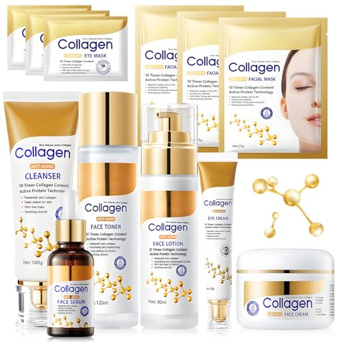 Kit Skincare Facial Mujer Completo, Collagen Skincare Kit | 12 Piezas Skin Care Set, Productos Coreanos Skin Care, Cuidado Facial Mujer, Hidrata y Nutre, Reduce las Líneas de Expresión