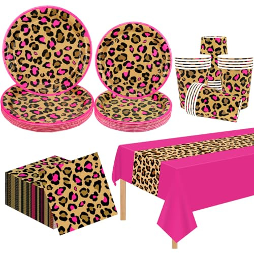 Cheetah Print Birthday Decorations, Pink Cheetah Birthday Decorations Includes Plates, Napkins, Cups, Tablecloth for Leopard Party Serves 20 Guests