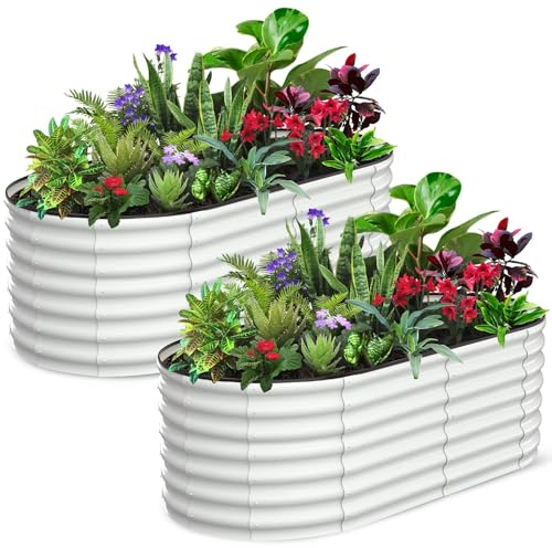 Hochbeet Metall 2er Set 180x90x60 cm, Oval Gartenbeet Aus Verzinktem Stahlblech, Pflanzbeet Mit Offenem Boden, Wetterfest & Rostfrei, Gemüsebeet Für Blumen Kräuter Terrasse Balkon, Weiß
