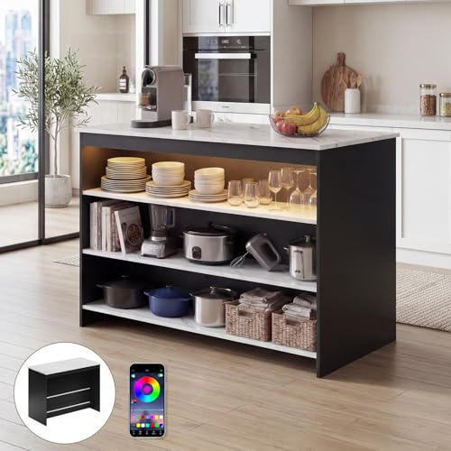 Kitchen Island with Storage & LED Lights, Kitchen Cabinet Island with Breakfast Bar, 3 Open Storage Shelves & Footrest, Multifunctional Sideboard for Kitchen, Dining & Living Room (white&black)