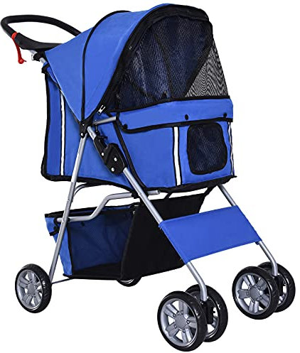 PawHut Pet Stroller for Small Dogs Cats Foldable Travel Carriage with Wheels Zipper Entry Cup Holder Storage Basket Blue