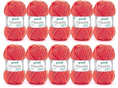 Gründl Wolle Filzwolle uni - Dicke Wolle zum Filzen in der Waschmaschine - Strickgarn zum Filzen - Weich und hautfreundlich - 100 % Schurwolle - 10 Knäuel 50 g /50 m -Nadelstärke 8 -9 - Orange