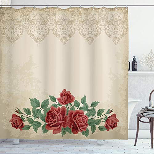 ABAKUHAUS Shabby Flora Tenda da Doccia, Amore Vintage Red Roses, Tessuto Set di Decorazioni per il Bagno con Ganci, per la vasca da bagno, 175 x 180 cm, Beige verde
