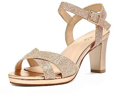 DREAM PAIRS Women’s Open Toe Ankle Strap Sparkly Strappy Chunky Heel Pump Sandals,Size 8,CHAMPAGNE/GLITTER,ICE-1