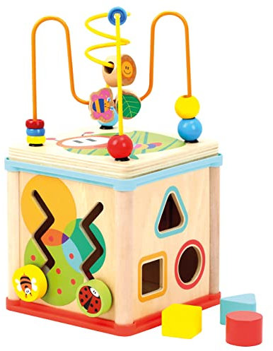 Bino Motorikwürfel mit Uhr, Spielzeug für Kinder ab 1 Jahr (Holzspielzeug mit 5 verschiedenen Spielmöglichkeiten, fördert die motorischen Fähigkeiten, kindgerechtes Design), Mehrfarbig
