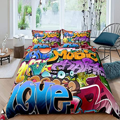 Graffiti-Stil Bettwäsche-Set, Hip-Hop-Thema, Kinderdecke, Bezug für Jungen, Teenager, Jugendliche, Illustration, dekorativer junger Mann, 3-teilig, Super-Kingsize-Bettüberwurf mit Reißverschluss