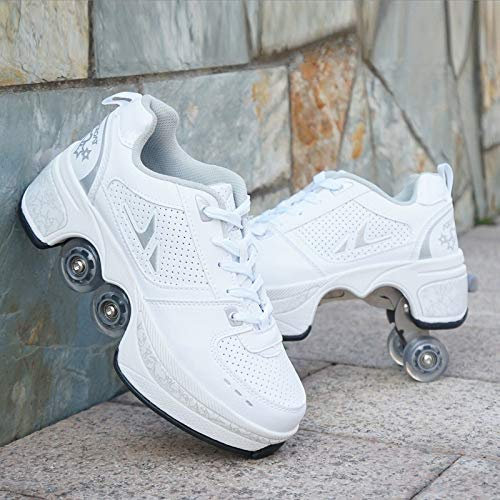 HUOQILIN Rollschuhe Rollschuhe Radschuhe Rollschuhe Turnschuhe Einziehbare Skateboard-Rollerblades,White-41