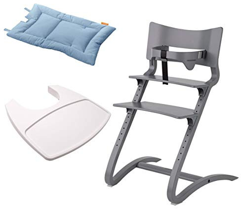 Leander Stuhl grau lackiert - Hochstuhl - Kinderstuhl - Erwachsenenstuhl mit Babybügel + Tablett weiß + Kissen dusty blue
