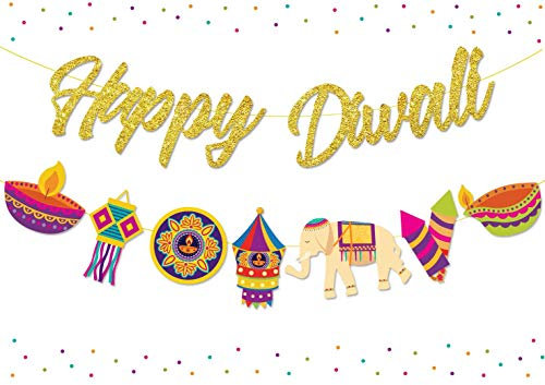 Kreatwow Happy Diwali Dekorationen Happy Diwali Gold Glitter Banner Girlande für Diwali Festival of Lights Party Hindu Party Dekor Zubehör