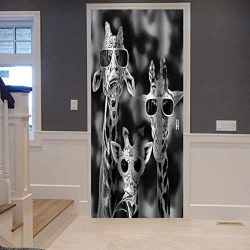 A.Monamour Sticker Porte Autocollant Poster de Porte 3D Image Monochrome Noir Et Blanc Girafes Cool Avec Des Lunettes Animal Vinyle Affiche de Porte Sticker Mural Papier Peint Art Décor 77 x 200 cm