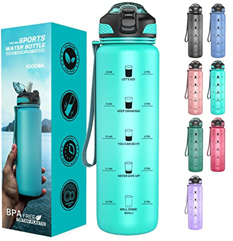 Taspire Botella de agua de 1 litro con pajilla, botella de agua Tritan a prueba de fugas sin BPA con marcas de tiempo, botella de agua motivacional con tiempos para beber (verde)