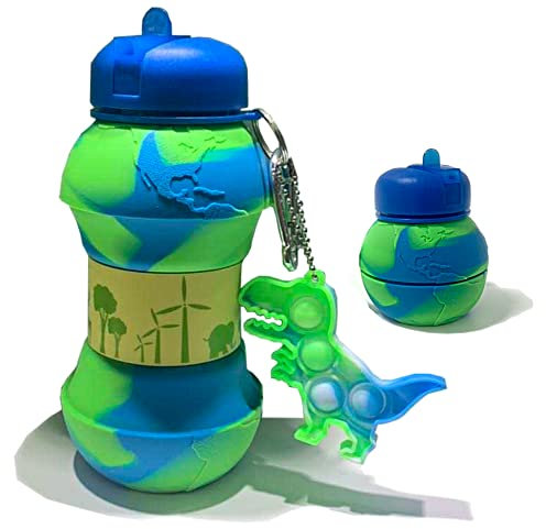 CARESWAY Botella de agua para niños con llavero – 500 ml para niñas y niños – a prueba de fugas plegable reutilizable libre de BPA para bebidas infantiles – Globo de la Tierra