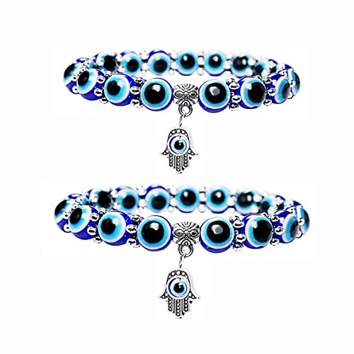 通用 Bracciale Turco Blu Perline, 2 Pezzi Braccialetto di Protezione dell'occhio Diabolico, Bracciale Elasticizzato con Perline Fortunate, Porta Fortuna e Prosperità, Bracciale Unisex Fortunato