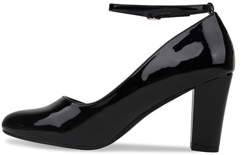 Bismaa Womens Unisex Buckle Ankle Strap Mid Block Heel Shoes Plus Size 9 10 11 12 (Black Patent, Numeric_10)