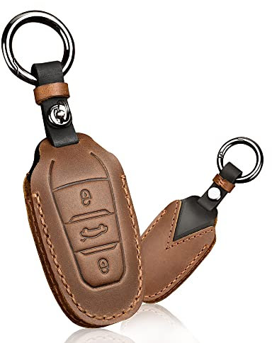 HIBEYO Autoschlüssel Hülle Passt für Peugeot 3008 208 508 Schlüsselhülle Cover in Leder Schutzhülle für Citroen C4L DS5 DS6 für Opel Grandland X Schlüsseletui Fernbedienung Schlüsselbund-Braun