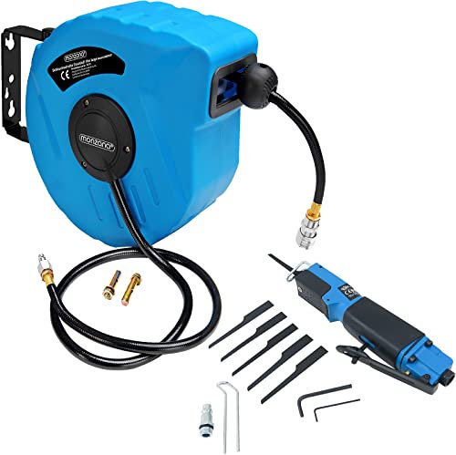MONZANA® Druckluftschlauch Aufroller automatisch 10m 1/4' Schlauchtrommel inkl. Karosseriesäge 6 Sägeblätter 10.000 U/min