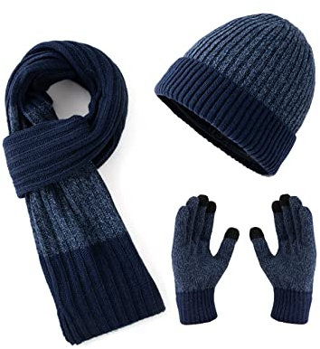 Lallier Winter 3-teiliges Herren Wolle Mütze Schal Handschuhe Set, Warmes Beanie Skull Cap Schal Thermohandschuh Set für Herren, Blau