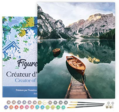 Figured'Art Peinture par Numéro Adulte avec Cadre Barque et lac de Montagne Taille - Activité Manuelle Kit de Loisir Créatif DIY Numéro d'art Complet - 40x50cm Toile tendue sur châssis