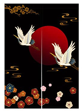 LIGICKY Noren Rideau de Porte Style Japonais Épais Grues Blanches Rouge Soleil Or Coloré Fleurs de Cerisier Imprimé Décoration de Fenêtre Porte Tapisserie pour Décoration de Maison 85x120cm