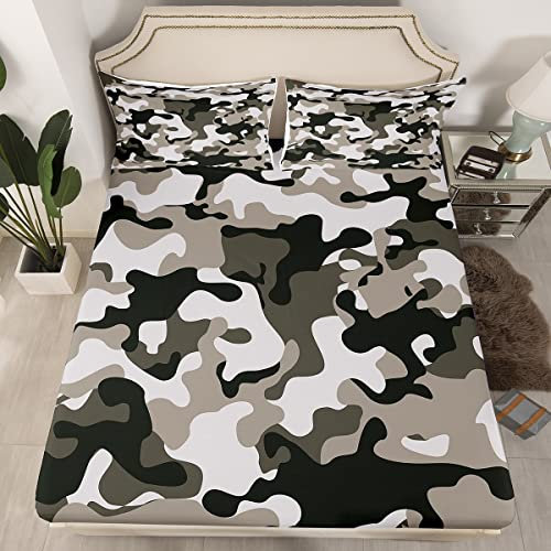 Camouflage Bettwäsche Grau Camo Spannbettuch 90 x 200 Militär Armee Spannbettlaken für Jungen Teens Männer Erwachsene Krawatte Färbung Retro Geometrische Warme Weiche Bettwäsche Set Ganze Saison
