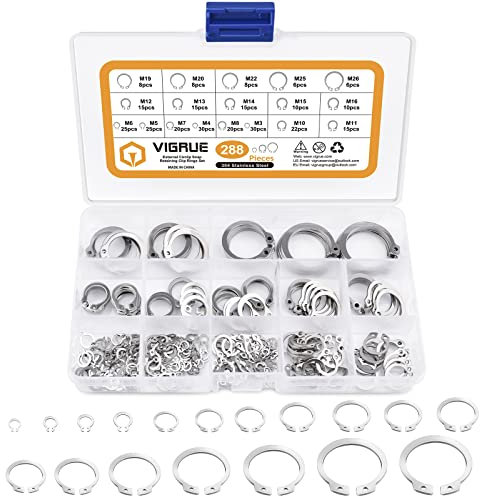 VIGRUE 288tlg Sprengring Sortiment Sicherungsring Set 18 Größe Edelstahl E-Clip Externe Haltering Externes C-Clips Geteilte Schnallen Unterlegscheiben, M4-M26 mit Kunststoffbox