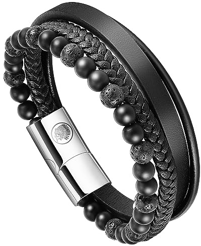 Casisto.J Bracelet Homme - Bracelet Cuir Homme Manchette tressé à la Main Classique Noir et Brun avec Fermoir magnétique gravé Cadeau Bijoux Gratuit en boîte