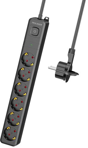RealMade 6 Fach Steckdosenleiste Überspannungsschutz 1060J, 3M Flachstecker Mehrfachsteckdose, 3680W Verteilersteckdose mit Kindersicherung und Wandmontage Schwarz