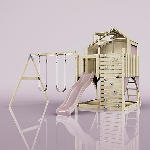Rebo Spielturm mit Spielhaus inkl. Wellenrutsche und 2X Kinder-Schaukel, Outdoor Klettergerüst Garten,Altrosa