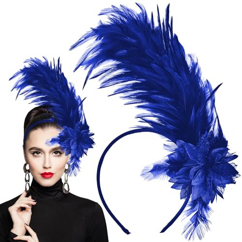 WLLHYF Damen 1920er Feder Fascinator Stirnband, Fascinatoren Hut für Frauen Tee Party Blume Kopfschmuck Gatsby Derby Hut (Blau)