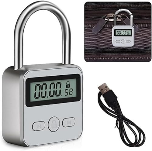 Aoreun Digitale Zeitschloss, Wiederaufladbares USB Sicherheits Vorhängeschloss, Time Lock Intelligentes mit Seil mit LCD-Display, Metall-Timer-Schloss für Verhindere Schlechte Gewohnheiten