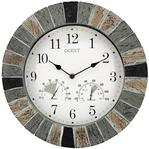 OCEST Orologio da parete resistente per esterni, 33 cm, impermeabile, con termometro e igrometro, silenzioso senza ticchettio, al quarzo, rotondo, per patio, piscina, Lanai, recinzione, portico,